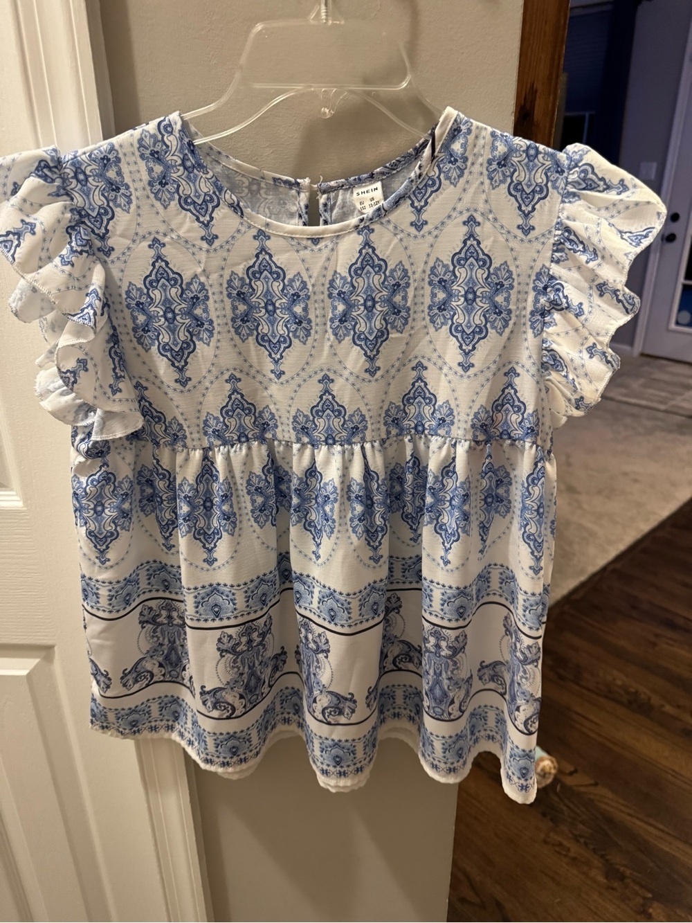 SHEIN White Top with Blue Paisley Print and Ruffle Sleeves